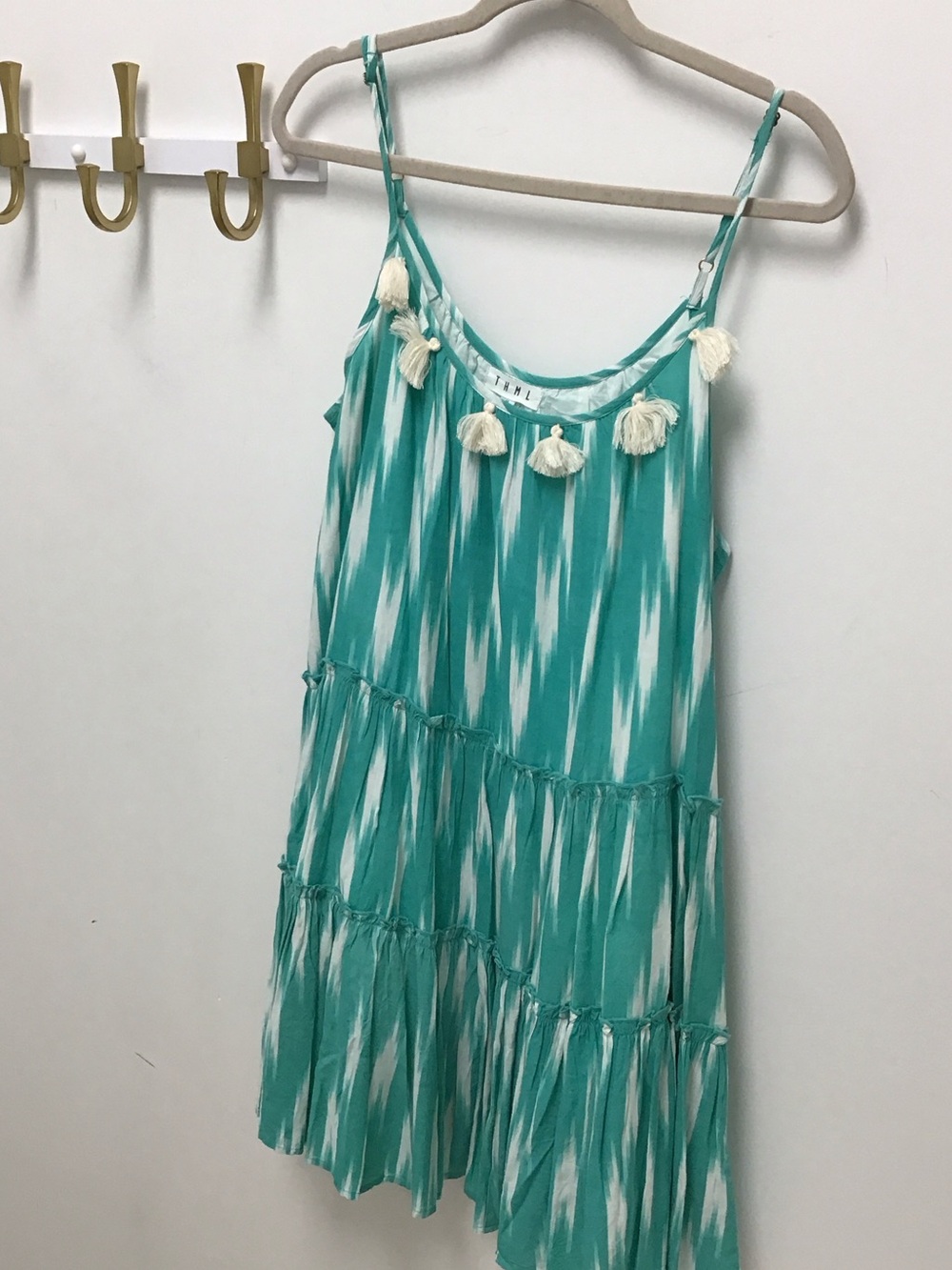 THML print Teal & White Tassel Tiered Sundress